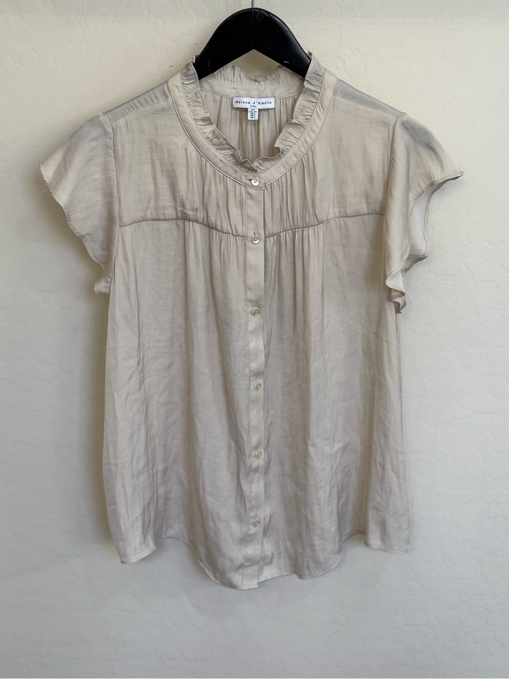 Maison d’Amélie Paris Neutral Ruffle Neck Shirred Flutter Sleeve Blouse Sz Large